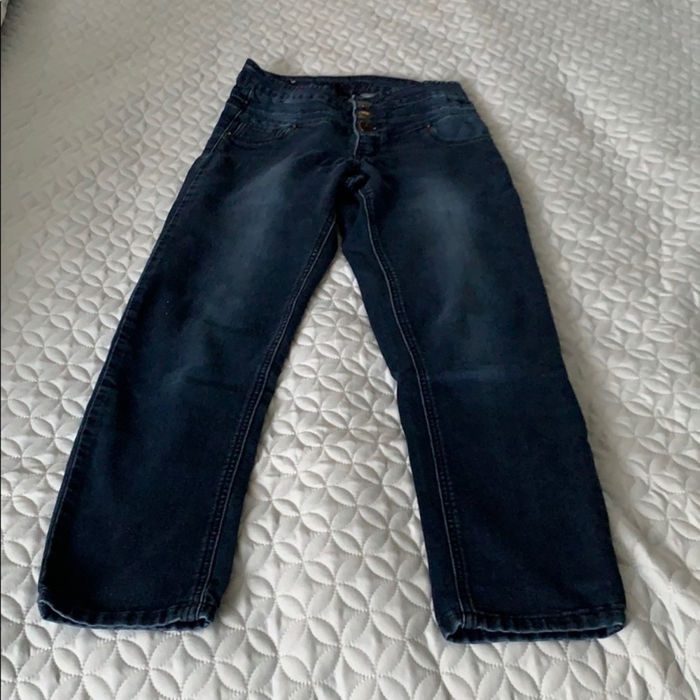 Dark wash jeggings.